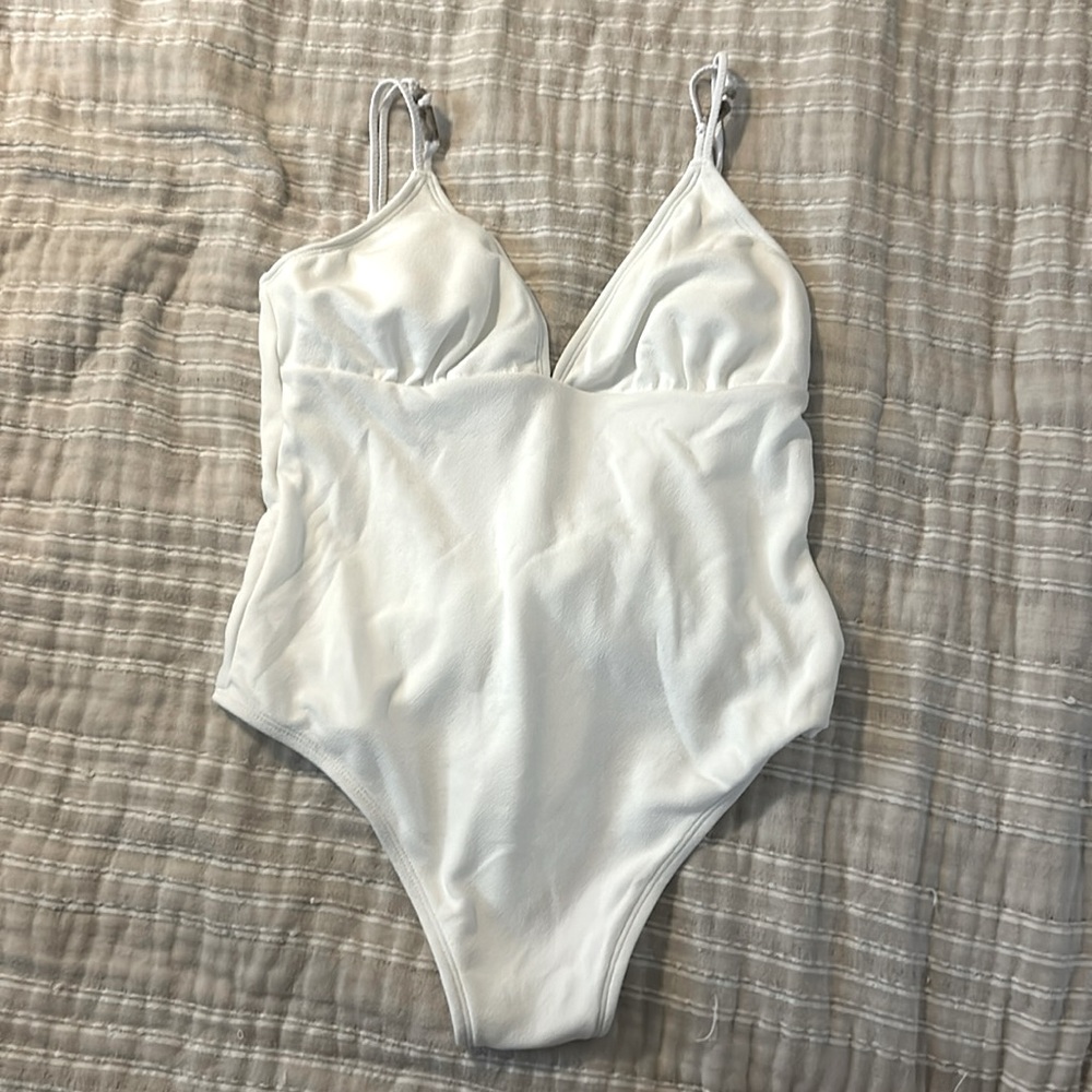 Texture V-Neck Back Tie Cheeky One Piece Swimsuit